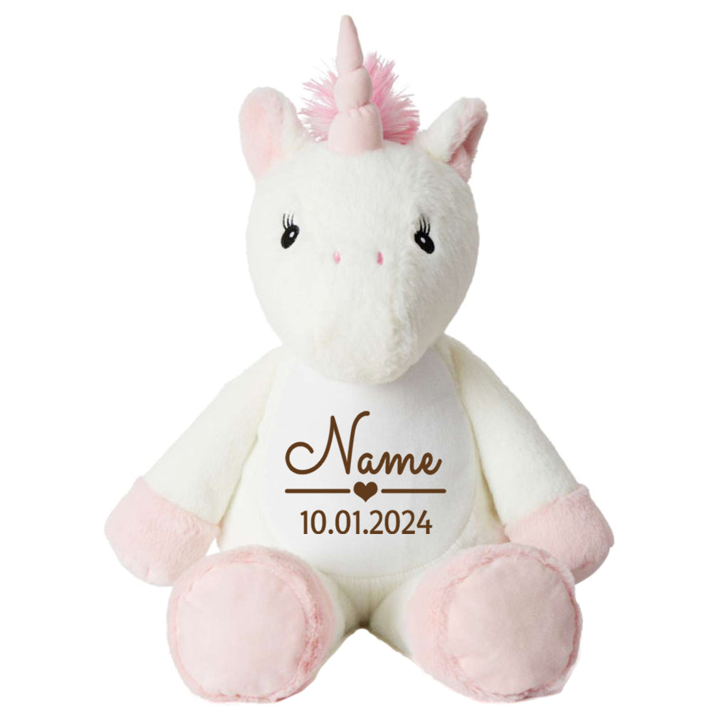 Stofftier Einhorn mit Name personalisiert Kuscheltier für Kinder Flauschiges Plüschtier 40cm Motiv Name und Datum