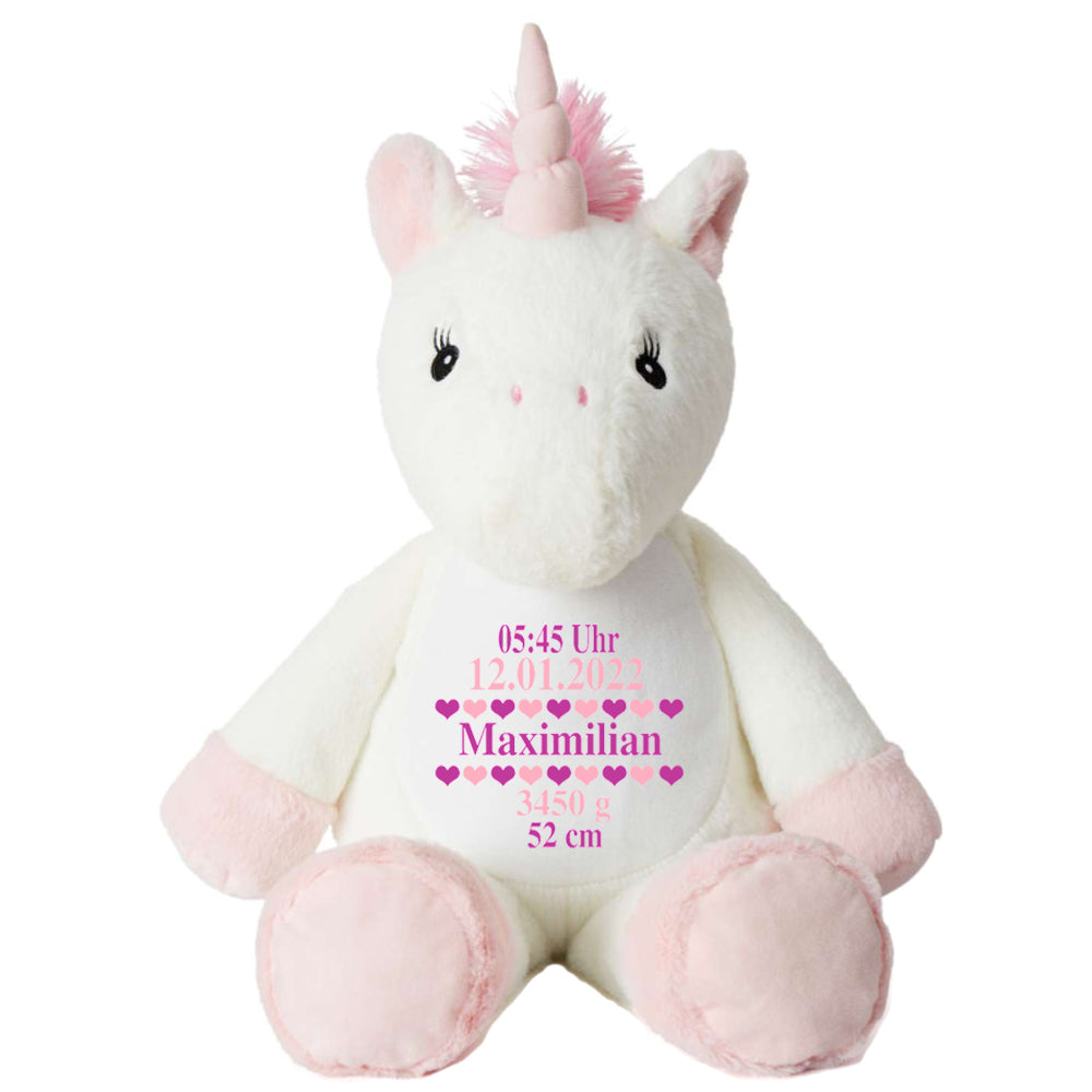 Stofftier Einhorn mit Name personalisiert Kuscheltier für Kinder Flauschiges Plüschtier 40cm Motiv Geburt