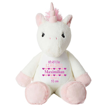 Stofftier Einhorn mit Name personalisiert Kuscheltier für Kinder Flauschiges Plüschtier 40cm Motiv Geburt