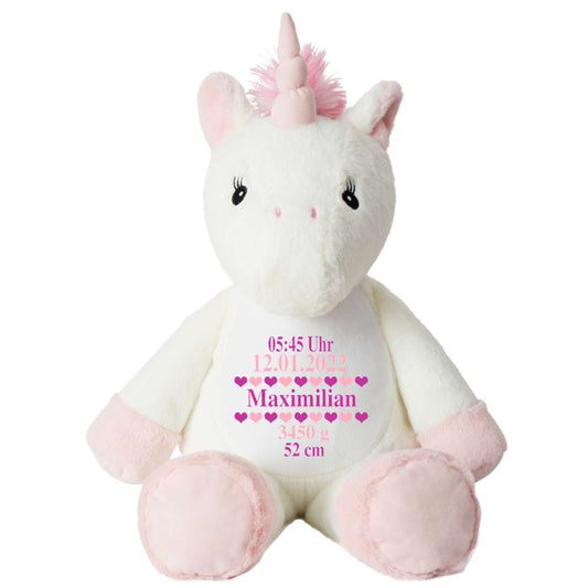 Stofftier Einhorn mit Name personalisiert Kuscheltier für Kinder Flauschiges Plüschtier 40cm Motiv Geburt