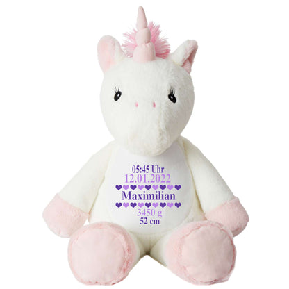 Stofftier Einhorn mit Name personalisiert Kuscheltier für Kinder Flauschiges Plüschtier 40cm Motiv Geburt