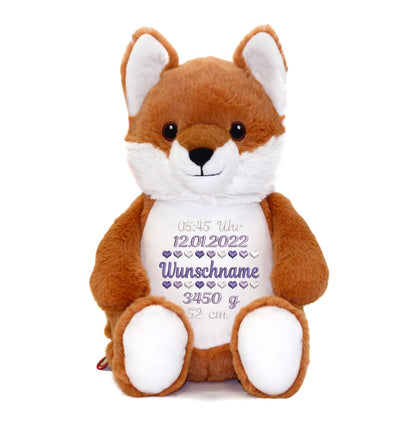 Personalisiertes Stofftier Fuchs Kuscheltier Bestickt Plüschtier zur Geburt Stickmotiv Geburtsdaten