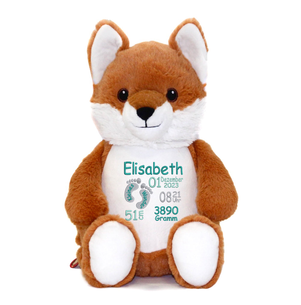 Personalisiertes Stofftier Fuchs Kuscheltier Bestickt Plüschtier zur Geburt Stickmotiv Füßchen
