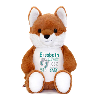 Personalisiertes Stofftier Fuchs Kuscheltier Bestickt Plüschtier zur Geburt Stickmotiv Füßchen