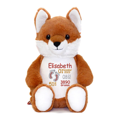 Personalisiertes Stofftier Fuchs Kuscheltier Bestickt Plüschtier zur Geburt Stickmotiv Füßchen