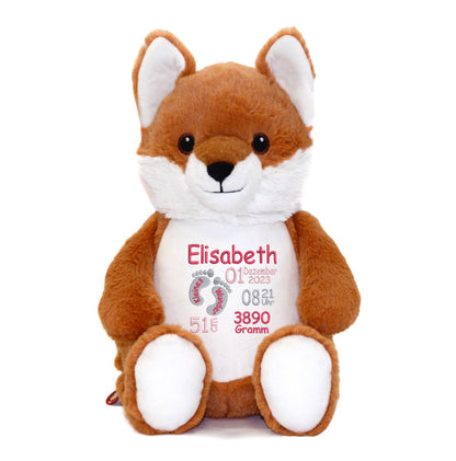 Personalisiertes Stofftier Fuchs Kuscheltier Bestickt Plüschtier zur Geburt Stickmotiv Füßchen