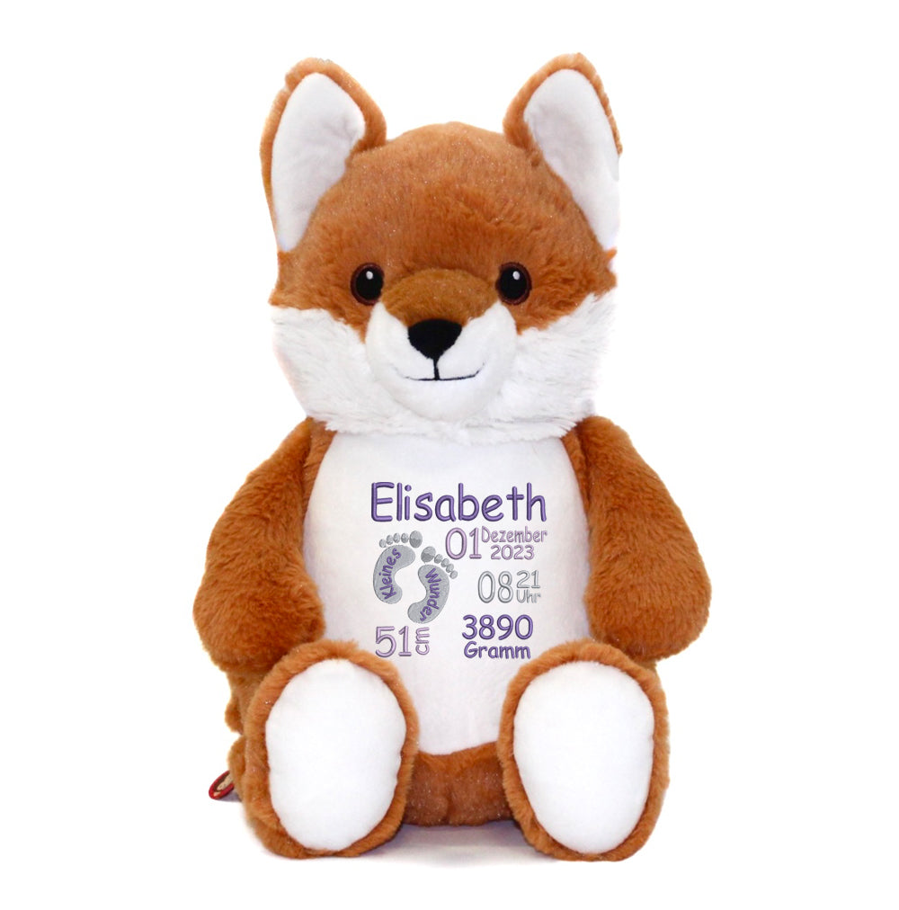 Personalisiertes Stofftier Fuchs Kuscheltier Bestickt Plüschtier zur Geburt Stickmotiv Füßchen