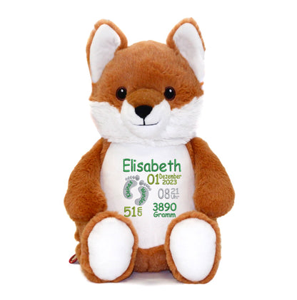 Personalisiertes Stofftier Fuchs Kuscheltier Bestickt Plüschtier zur Geburt Stickmotiv Füßchen