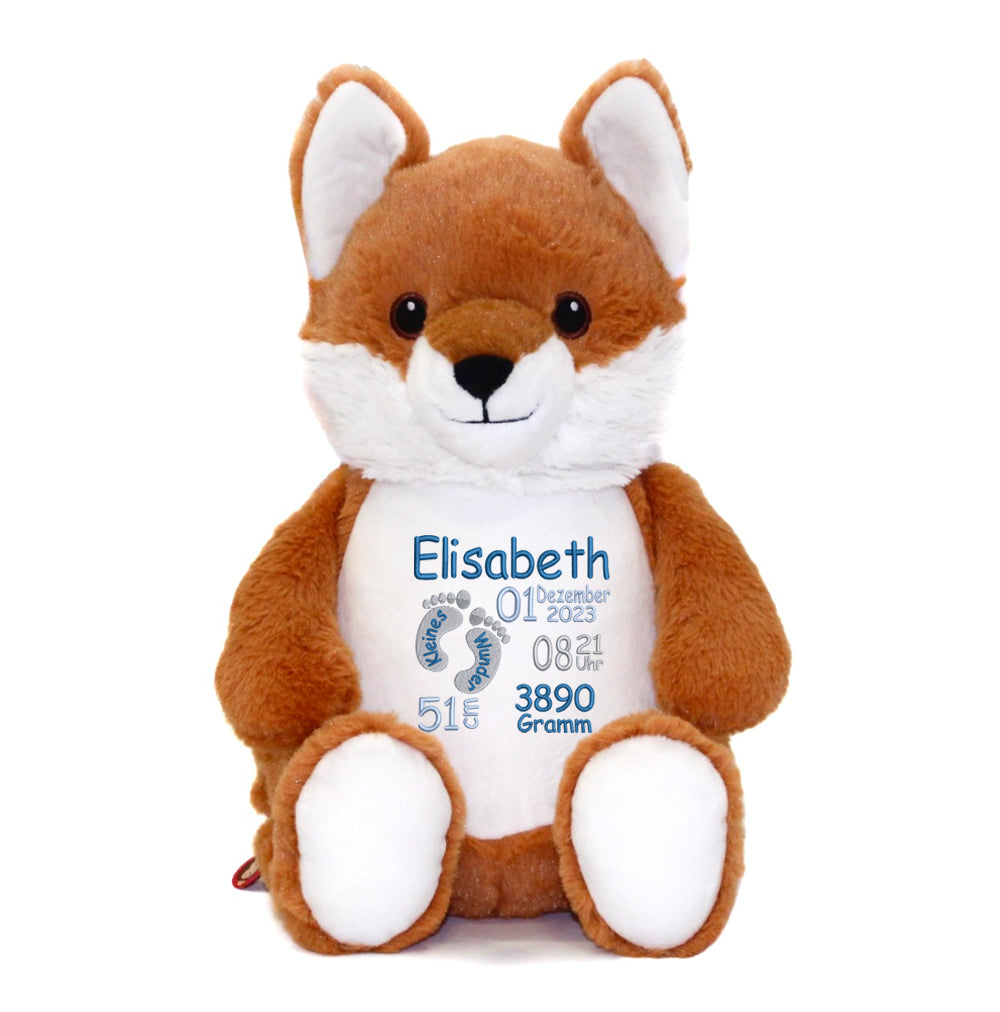 Personalisiertes Stofftier Fuchs Kuscheltier Bestickt Plüschtier zur Geburt Stickmotiv Füßchen