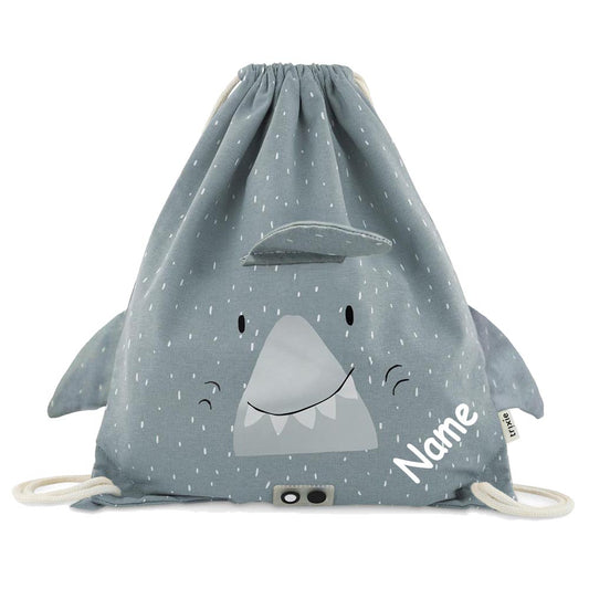 Turnbeutel mit Name personalisiert von Trixie Sportbeutel Schwimmtasche für Kinder mit Tiermotiv und Wunschnamen bedruckt Hai