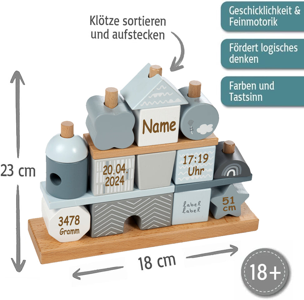 Steckspiel Haus blau personalisiert mit Name und Geburtsdaten Baby Geschenk mit Gravur
