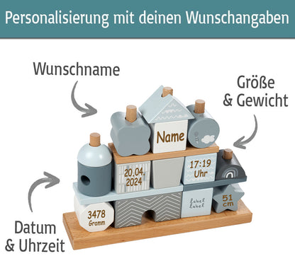 Steckspiel Haus blau personalisiert mit Name und Geburtsdaten Baby Geschenk mit Gravur