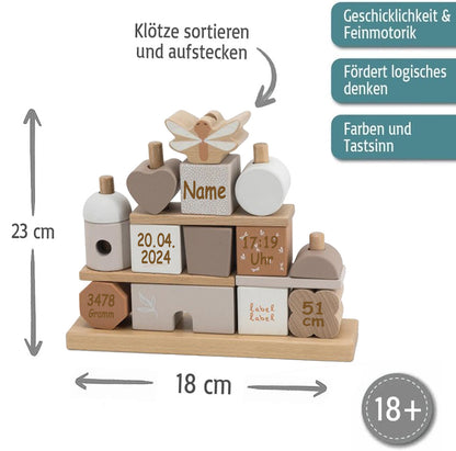 Steckspiel Haus beige personalisiert mit Name und Geburtsdaten Baby Geschenk mit Gravur