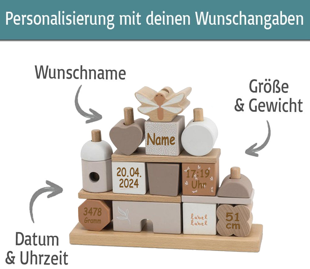 Steckspiel Haus beige personalisiert mit Name und Geburtsdaten Baby Geschenk mit Gravur