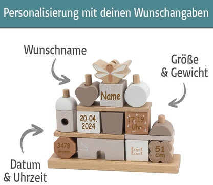 Steckspiel Haus beige personalisiert mit Name und Geburtsdaten Baby Geschenk mit Gravur
