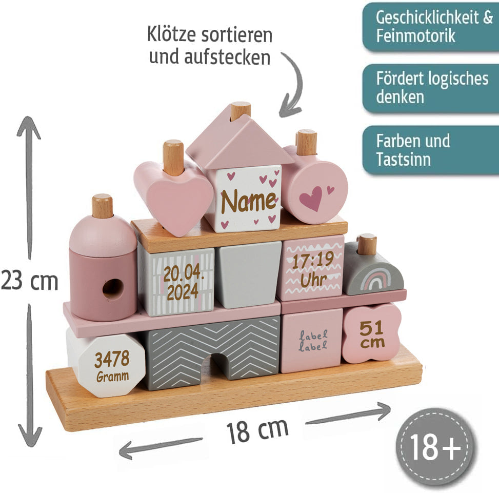 Steckspiel Haus rosa personalisiert mit Name und Geburtsdaten Baby Geschenk mit Gravur
