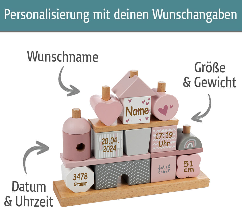 Steckspiel Haus rosa personalisiert mit Name und Geburtsdaten Baby Geschenk mit Gravur