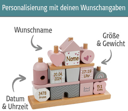 Steckspiel Haus rosa personalisiert mit Name und Geburtsdaten Baby Geschenk mit Gravur