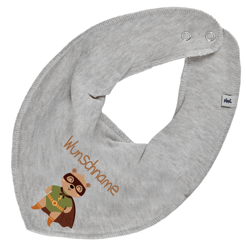Personalisiertes HALSTUCH für Baby oder Kind aus Baumwolle in Einheitsgröße mit Motiv Superheld Bär und Wunschname bedruckt