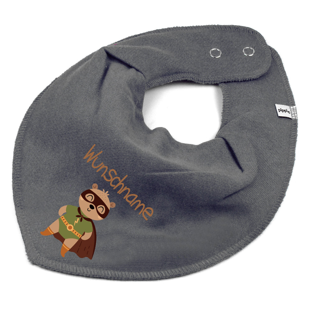 Personalisiertes HALSTUCH für Baby oder Kind aus Baumwolle in Einheitsgröße mit Motiv Superheld Bär und Wunschname bedruckt