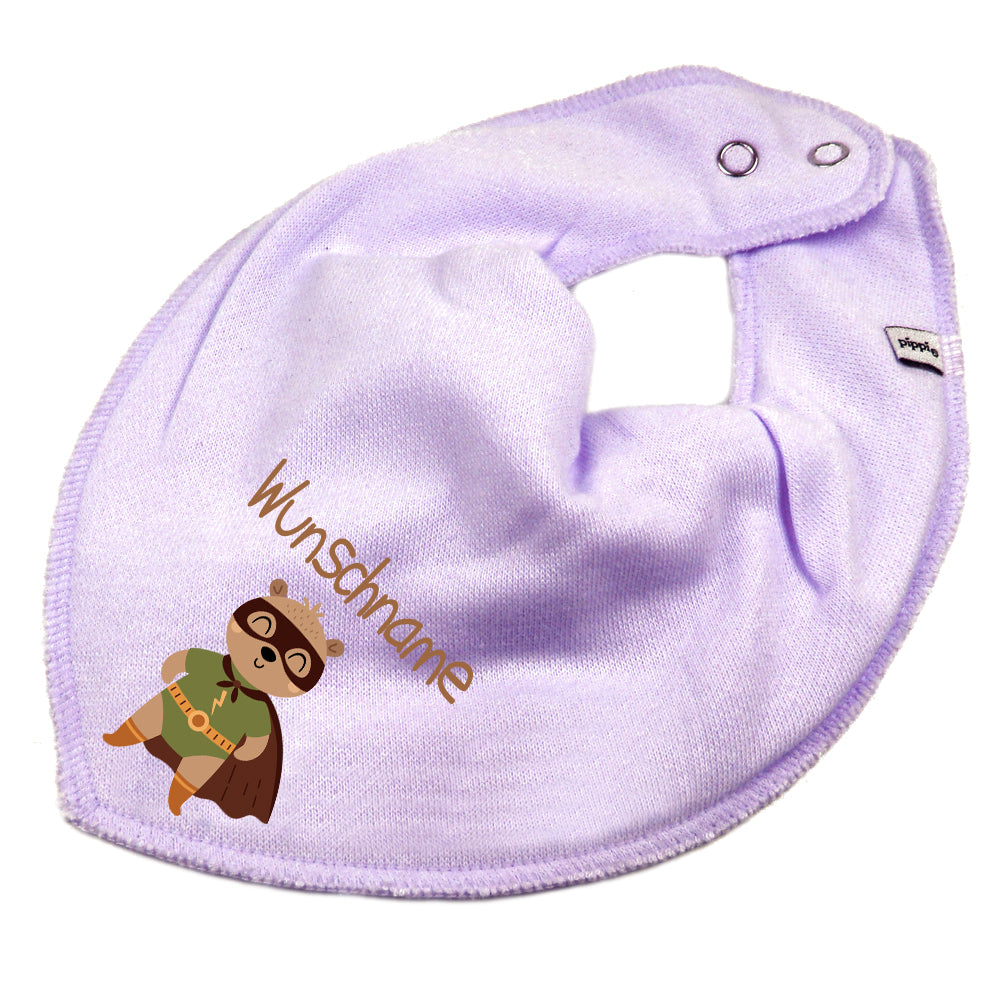 Personalisiertes HALSTUCH für Baby oder Kind aus Baumwolle in Einheitsgröße mit Motiv Superheld Bär und Wunschname bedruckt