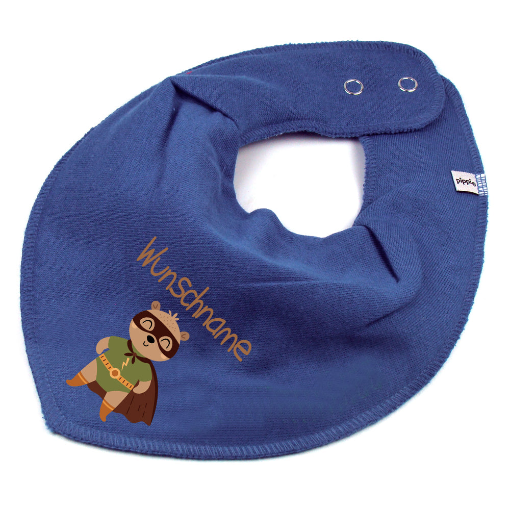 Personalisiertes HALSTUCH für Baby oder Kind aus Baumwolle in Einheitsgröße mit Motiv Superheld Bär und Wunschname bedruckt