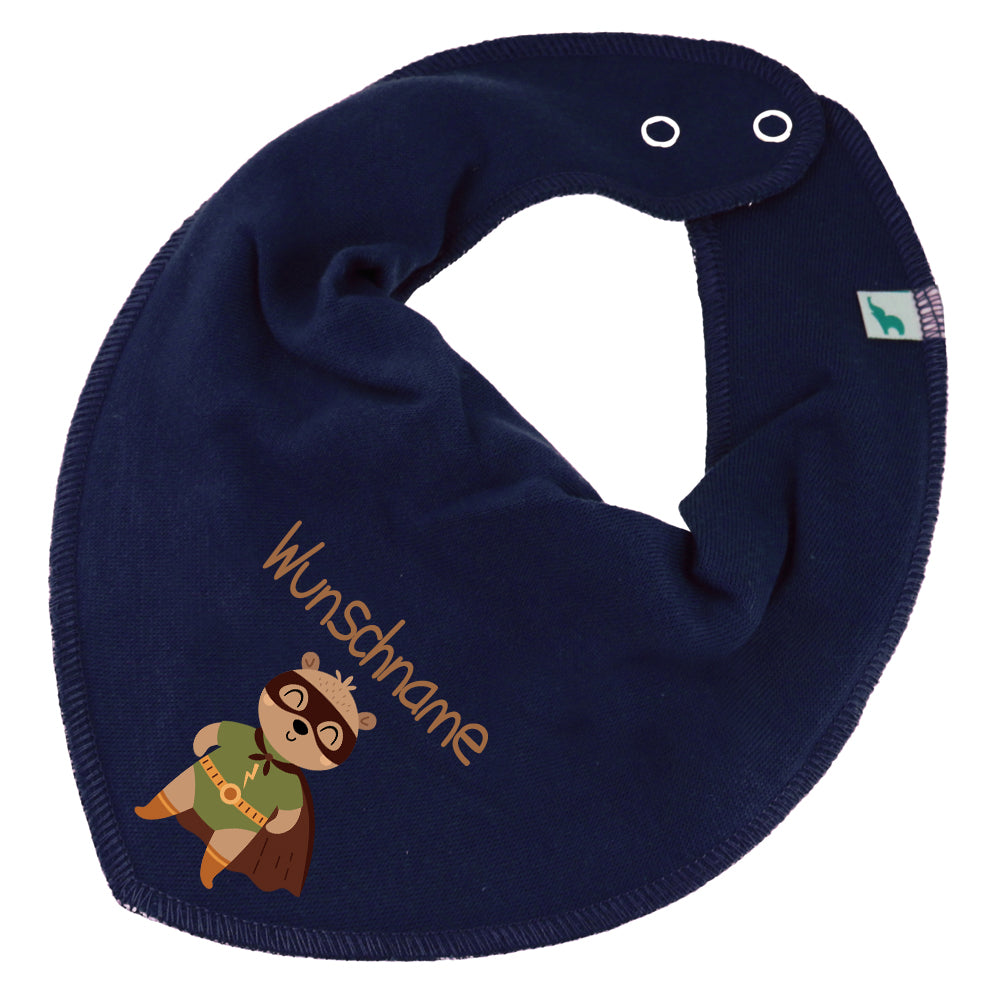 Personalisiertes HALSTUCH für Baby oder Kind aus Baumwolle in Einheitsgröße mit Motiv Superheld Bär und Wunschname bedruckt