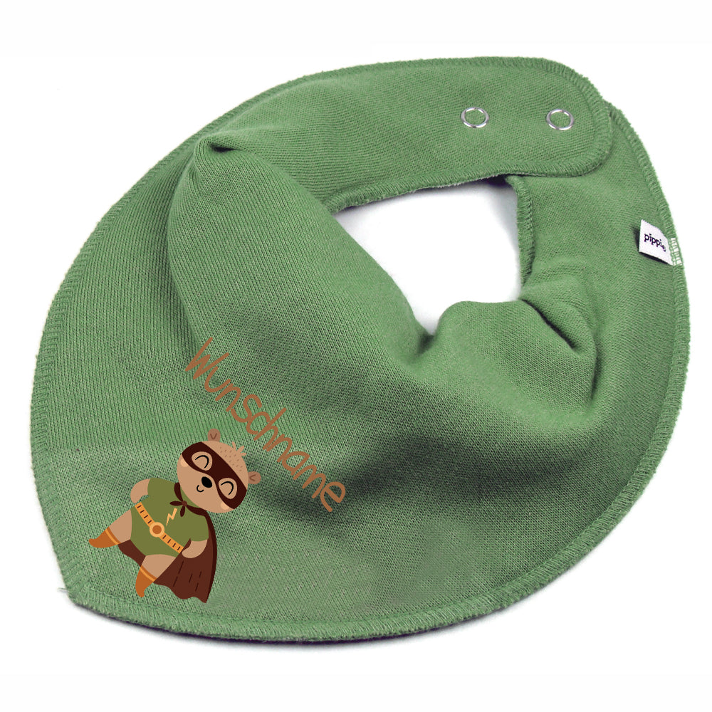 Personalisiertes HALSTUCH für Baby oder Kind aus Baumwolle in Einheitsgröße mit Motiv Superheld Bär und Wunschname bedruckt