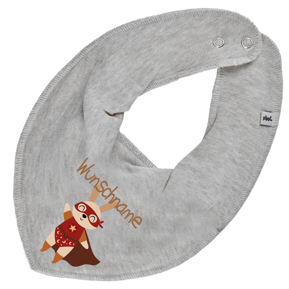 Personalisiertes HALSTUCH für Baby oder Kind aus Baumwolle in Einheitsgröße mit Motiv Superheld Hase und Wunschname bedruckt