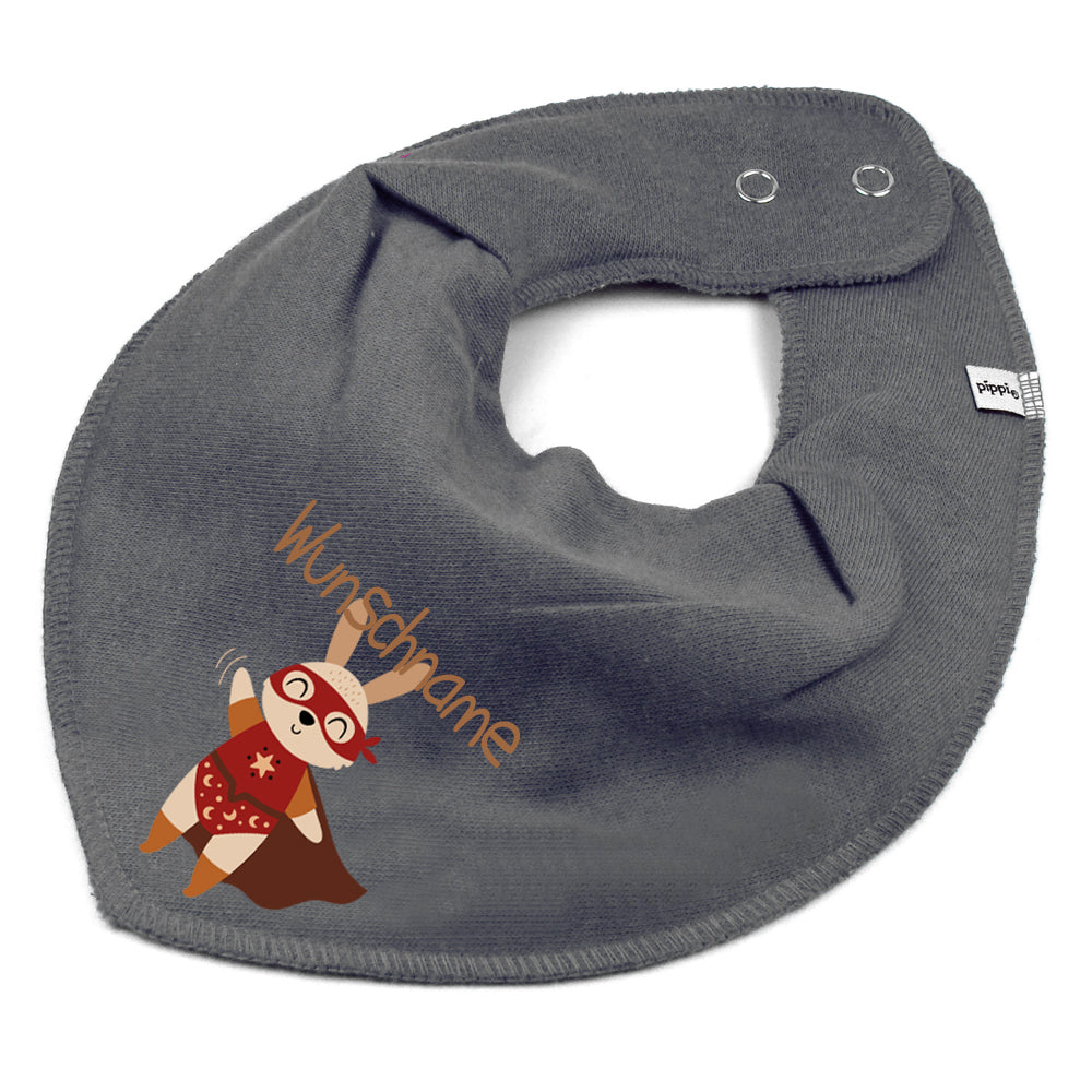 Personalisiertes HALSTUCH für Baby oder Kind aus Baumwolle in Einheitsgröße mit Motiv Superheld Hase und Wunschname bedruckt