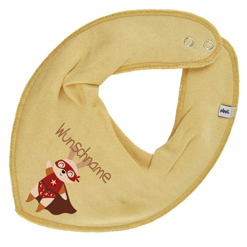 Personalisiertes HALSTUCH für Baby oder Kind aus Baumwolle in Einheitsgröße mit Motiv Superheld Hase und Wunschname bedruckt