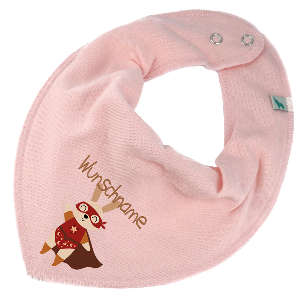 Personalisiertes HALSTUCH für Baby oder Kind aus Baumwolle in Einheitsgröße mit Motiv Superheld Hase und Wunschname bedruckt