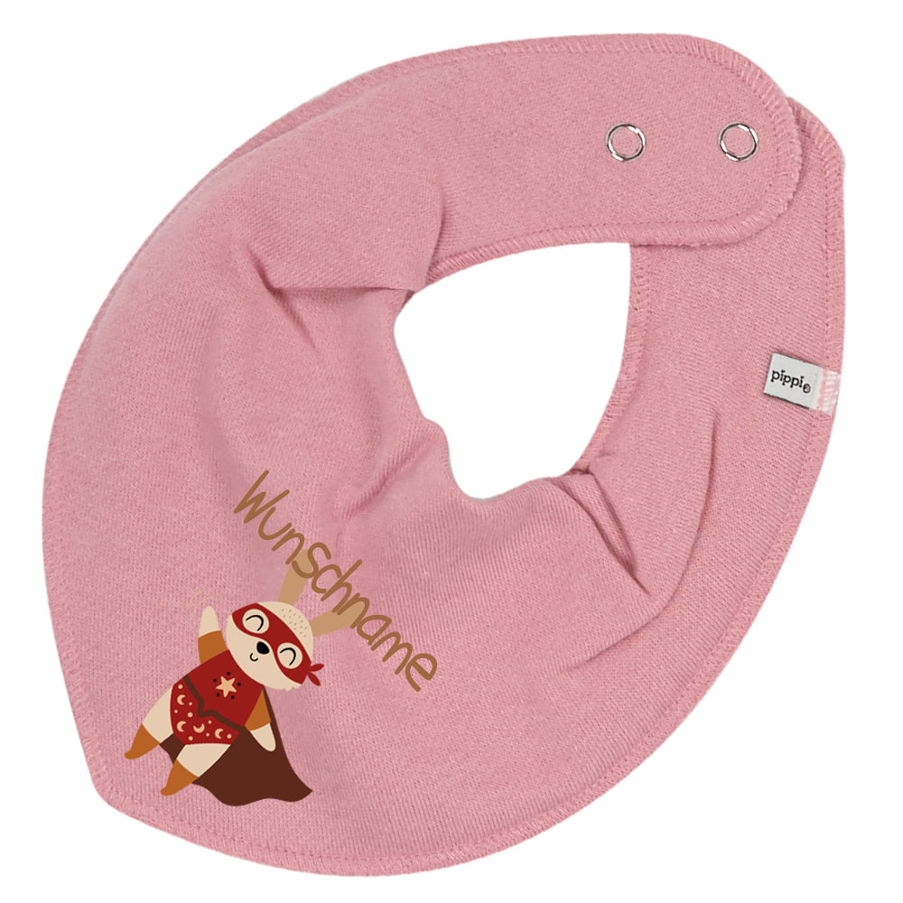 Personalisiertes HALSTUCH für Baby oder Kind aus Baumwolle in Einheitsgröße mit Motiv Superheld Hase und Wunschname bedruckt