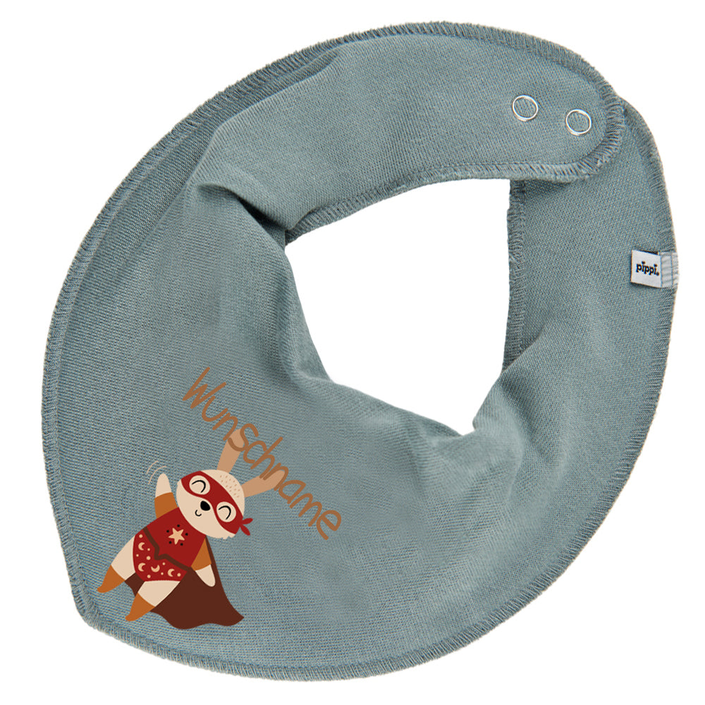 Personalisiertes HALSTUCH für Baby oder Kind aus Baumwolle in Einheitsgröße mit Motiv Superheld Hase und Wunschname bedruckt
