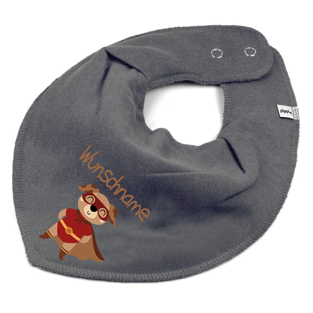 Personalisiertes HALSTUCH für Baby oder Kind aus Baumwolle in Einheitsgröße mit Motiv Superheld Hund und Wunschname bedruckt