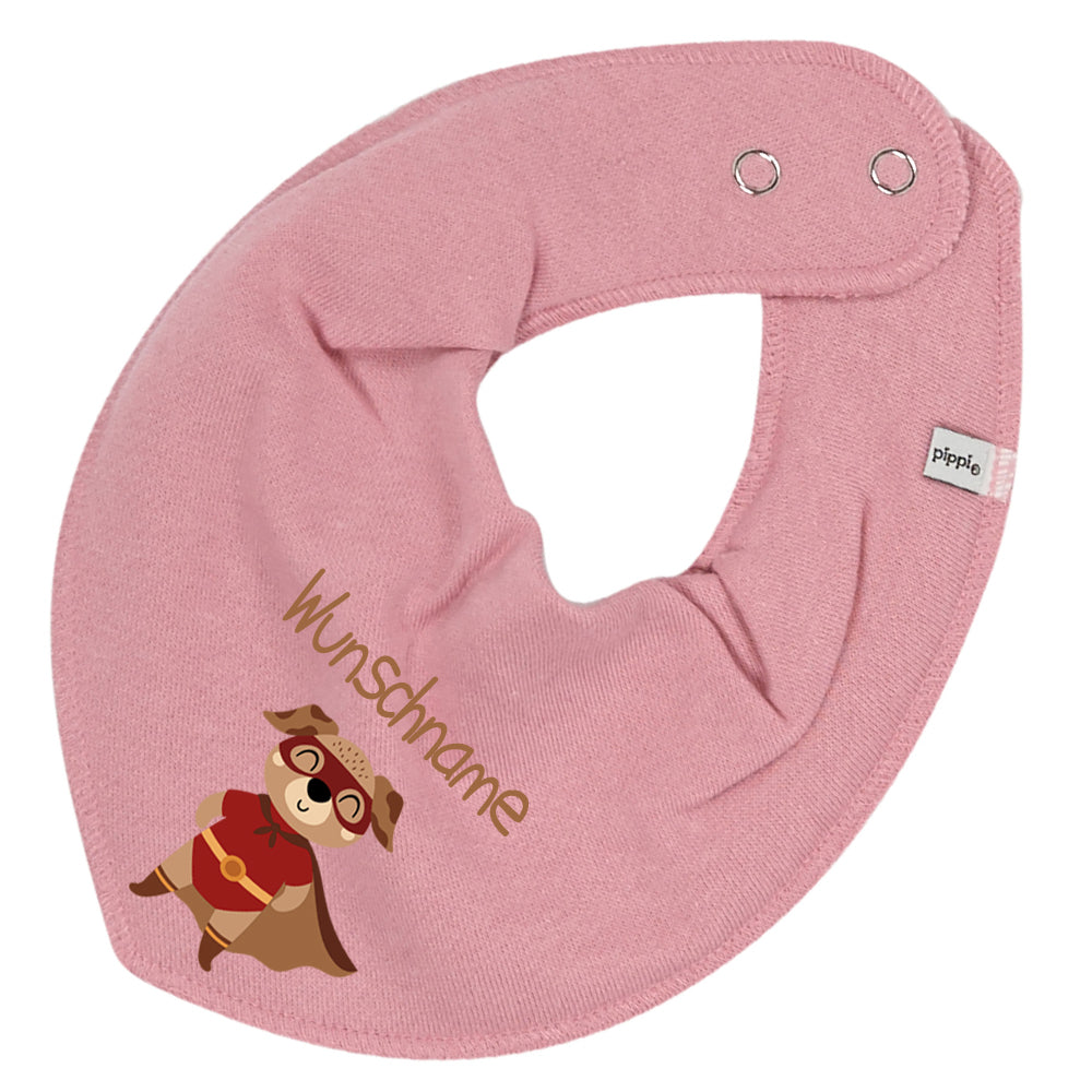 Personalisiertes HALSTUCH für Baby oder Kind aus Baumwolle in Einheitsgröße mit Motiv Superheld Hund und Wunschname bedruckt