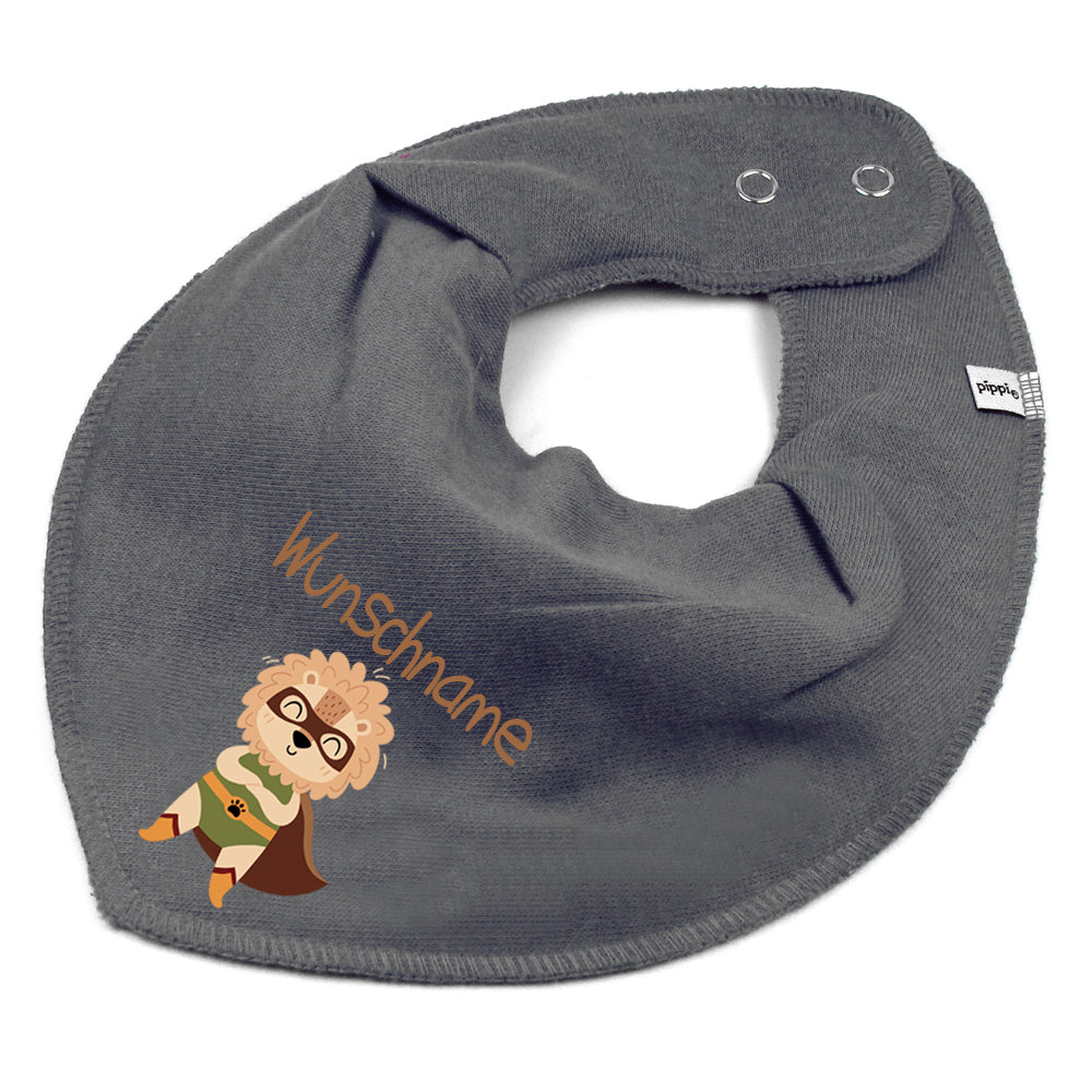 Personalisiertes HALSTUCH für Baby oder Kind aus Baumwolle in Einheitsgröße mit Motiv Superheld Löwe und Wunschname bedruckt