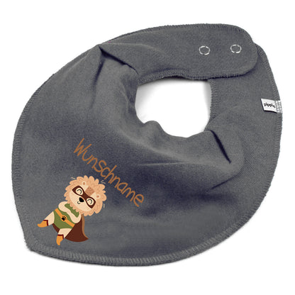 Personalisiertes HALSTUCH für Baby oder Kind aus Baumwolle in Einheitsgröße mit Motiv Superheld Löwe und Wunschname bedruckt