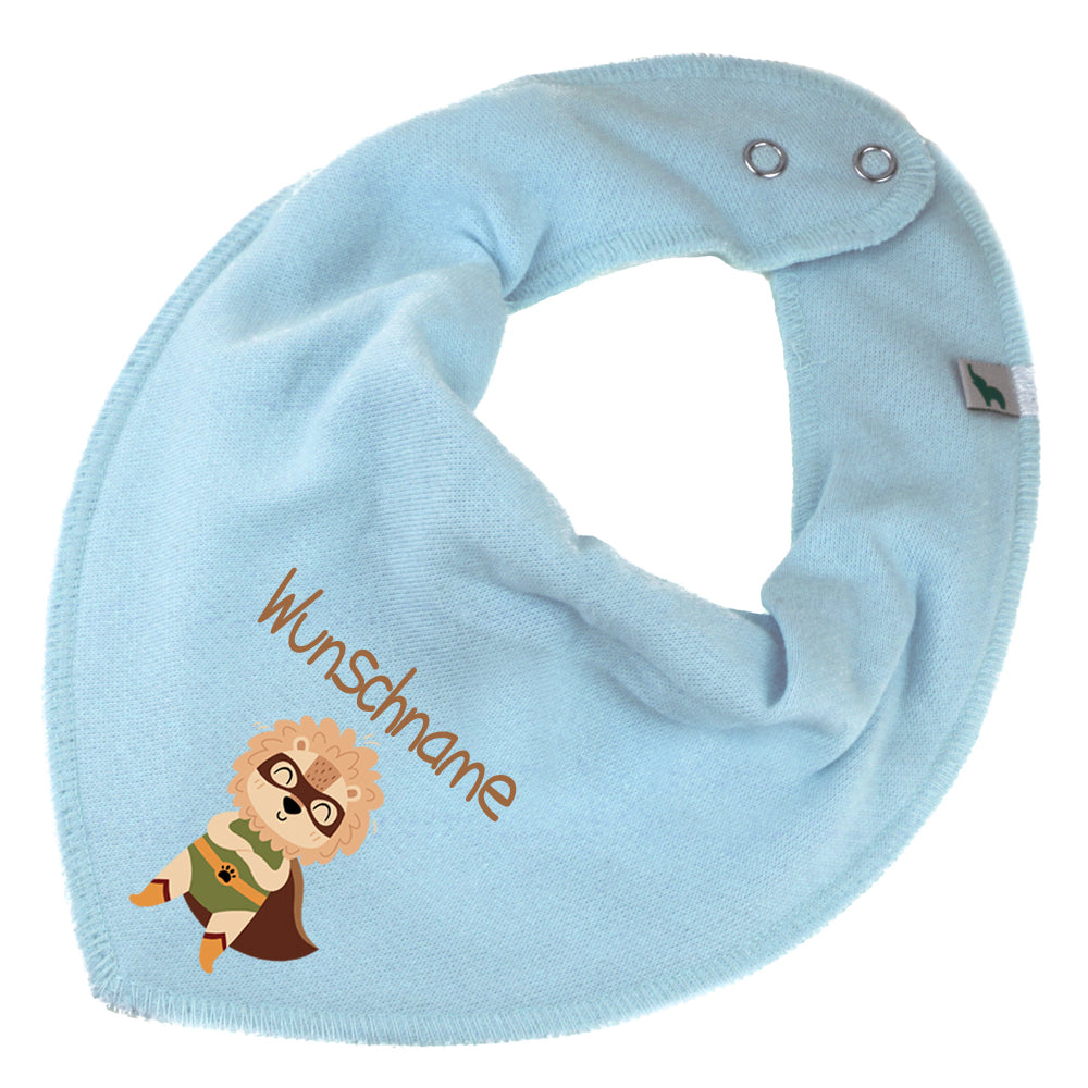 Personalisiertes HALSTUCH für Baby oder Kind aus Baumwolle in Einheitsgröße mit Motiv Superheld Löwe und Wunschname bedruckt