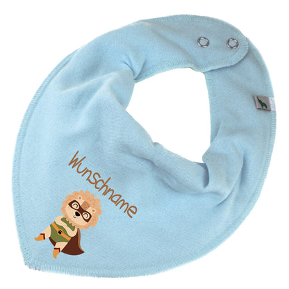 Personalisiertes HALSTUCH für Baby oder Kind aus Baumwolle in Einheitsgröße mit Motiv Superheld Löwe und Wunschname bedruckt