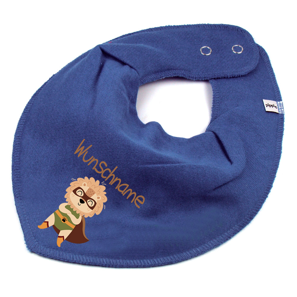Personalisiertes HALSTUCH für Baby oder Kind aus Baumwolle in Einheitsgröße mit Motiv Superheld Löwe und Wunschname bedruckt