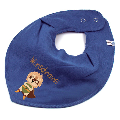 Personalisiertes HALSTUCH für Baby oder Kind aus Baumwolle in Einheitsgröße mit Motiv Superheld Löwe und Wunschname bedruckt