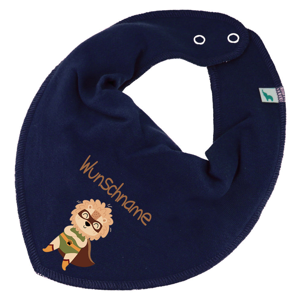 Personalisiertes HALSTUCH für Baby oder Kind aus Baumwolle in Einheitsgröße mit Motiv Superheld Löwe und Wunschname bedruckt