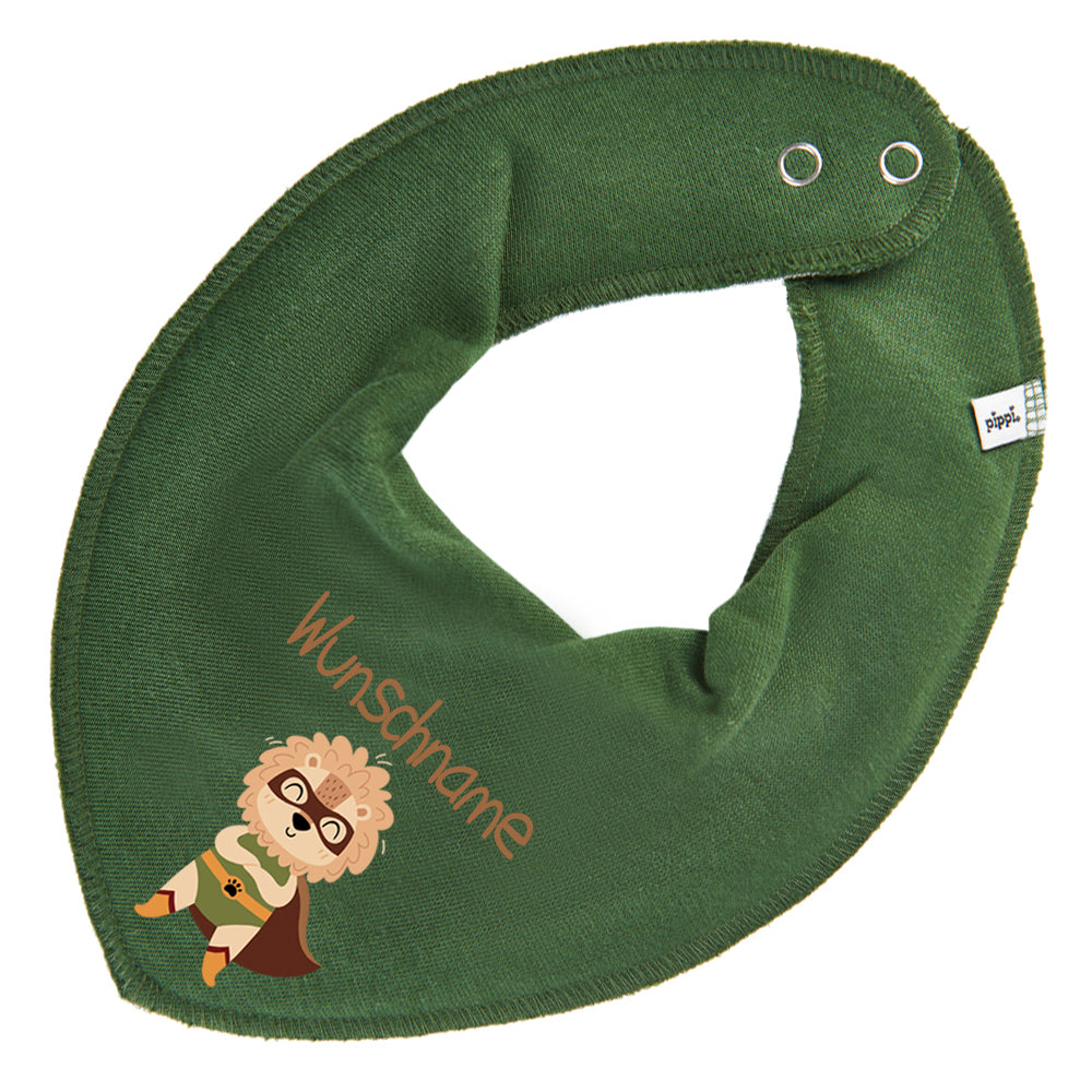 Personalisiertes HALSTUCH für Baby oder Kind aus Baumwolle in Einheitsgröße mit Motiv Superheld Löwe und Wunschname bedruckt