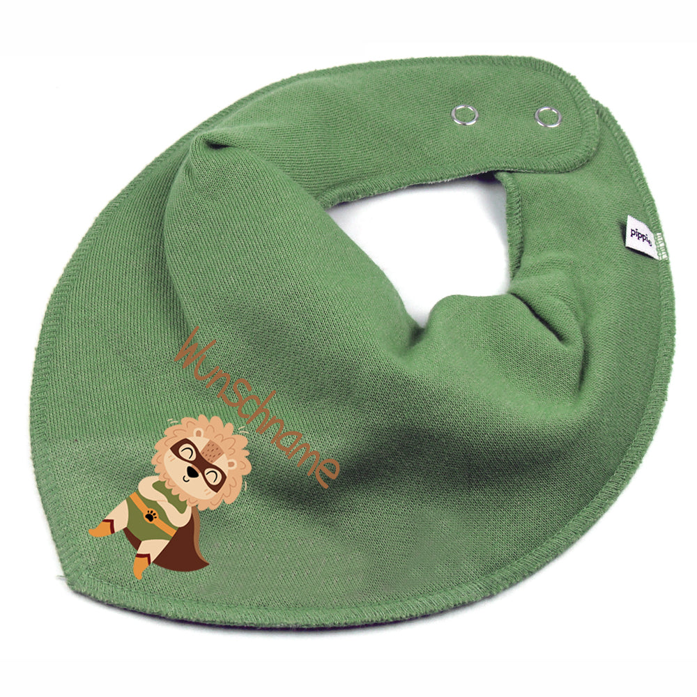 Personalisiertes HALSTUCH für Baby oder Kind aus Baumwolle in Einheitsgröße mit Motiv Superheld Löwe und Wunschname bedruckt