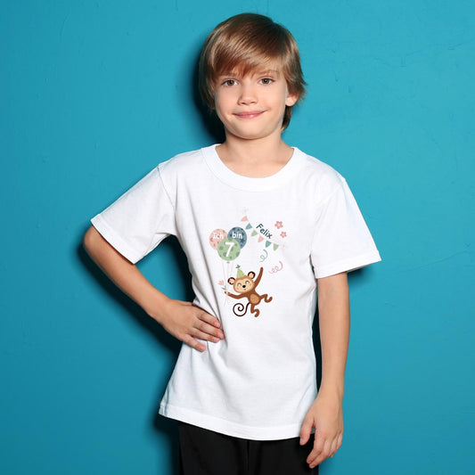 Kinder T-Shirt zum Geburtstag mit Motiv Affe, personalisiert mit Wunschname und Zahl, Geburtstagsshirt aus Baumwolle