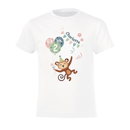 Kinder T-Shirt zum Geburtstag mit Motiv Affe, personalisiert mit Wunschname und Zahl, Geburtstagsshirt aus Baumwolle