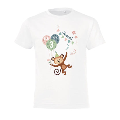 Kinder T-Shirt zum Geburtstag mit Motiv Affe, personalisiert mit Wunschname und Zahl, Geburtstagsshirt aus Baumwolle