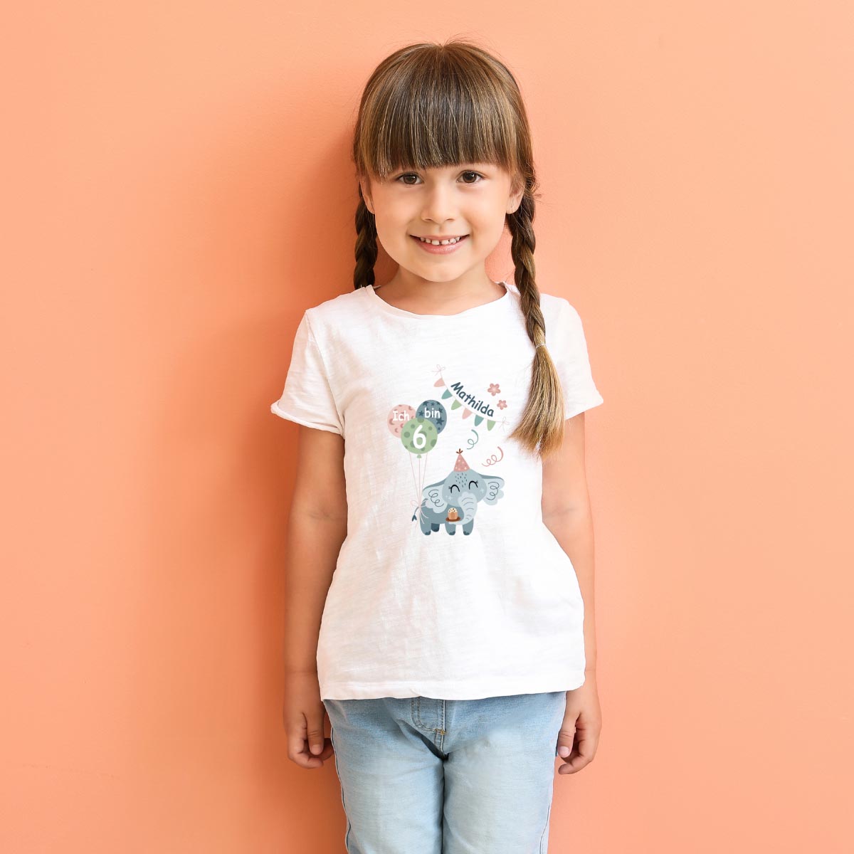 Kinder T-Shirt zum Geburtstag mit Motiv Elefant, personalisiert mit Wunschname und Zahl, Geburtstagsshirt aus Baumwolle