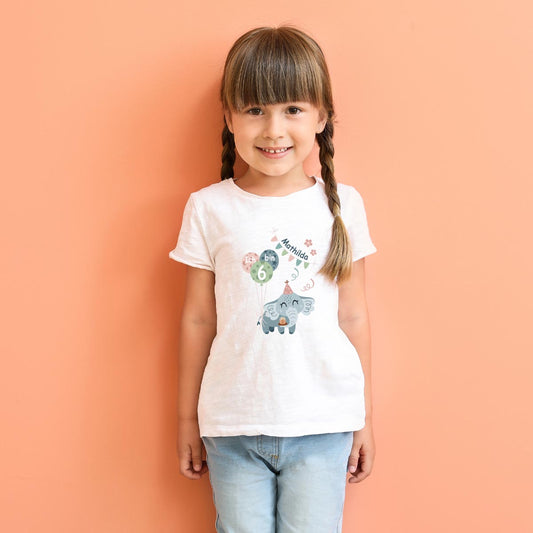 Kinder T-Shirt zum Geburtstag mit Motiv Elefant, personalisiert mit Wunschname und Zahl, Geburtstagsshirt aus Baumwolle